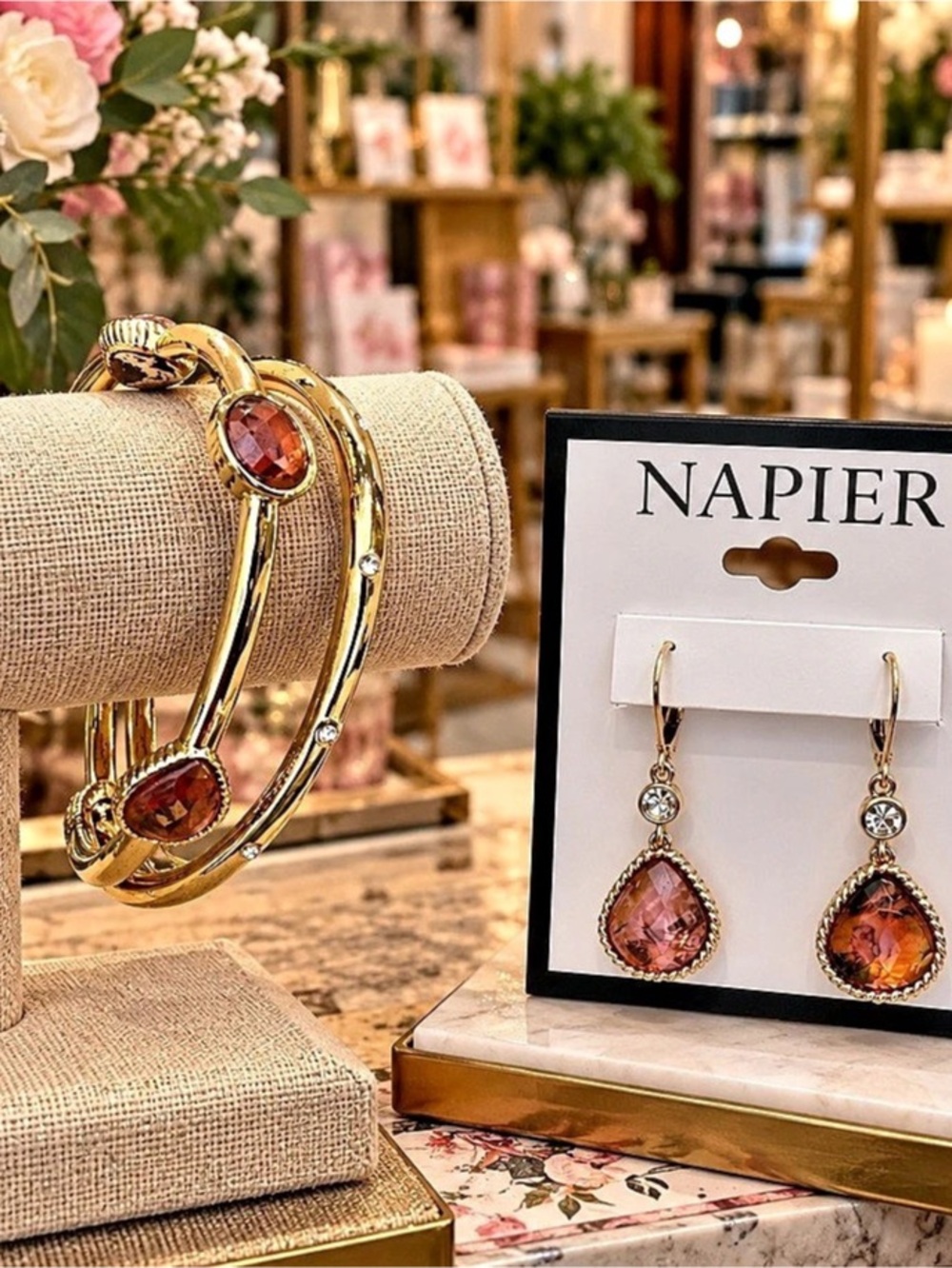 Napier Gold & Amber Bracelet & Drop Earrings Set NWT